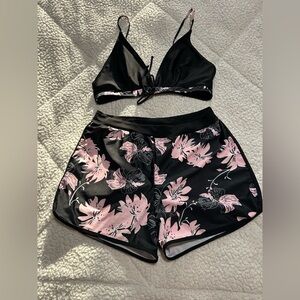 Stylish Black and Pink Swimming Bikini Top and Shorts